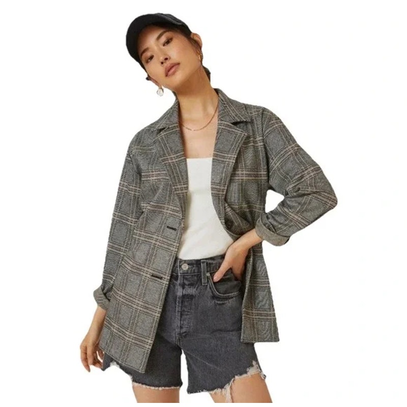 Anthropologie X Avec Les Filles Women's Gray Brown Longline Plaid Blazer Classic